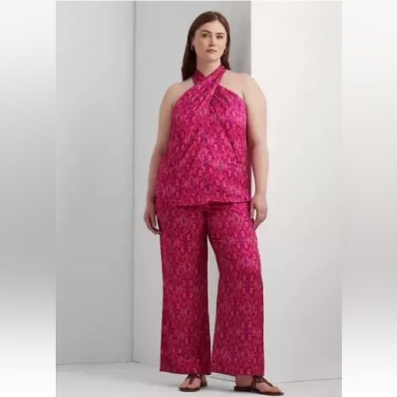 Lauren Ralph Lauren Womens Pink Geometric Satin Shantung Wide-Leg Pant Size 2X - Picture 2 of 13